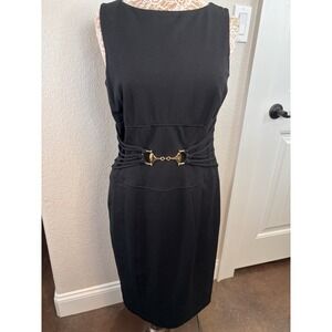 Cache Sheath Dress with Gold Buckle Size 12 Little Black Dress Sexy Classic
